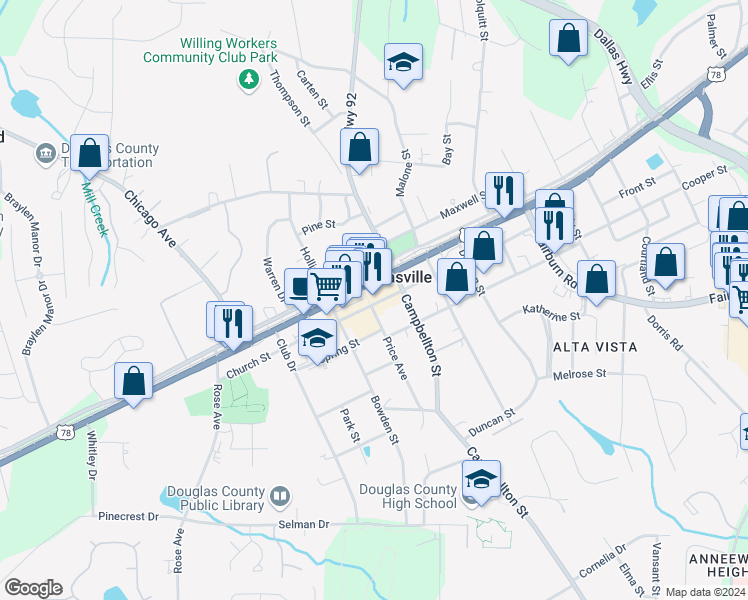 map of restaurants, bars, coffee shops, grocery stores, and more near 6671 Church Street in Douglasville