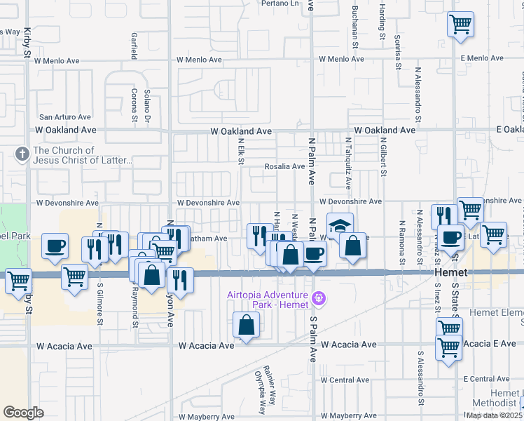 map of restaurants, bars, coffee shops, grocery stores, and more near 276 Valley View Drive in Hemet