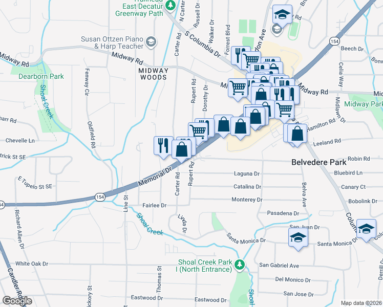 map of restaurants, bars, coffee shops, grocery stores, and more near 6434 Memorial Drive in Decatur