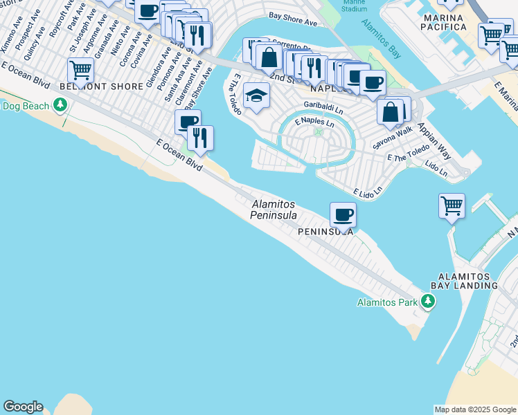 map of restaurants, bars, coffee shops, grocery stores, and more near 20 Laguna Place in Long Beach