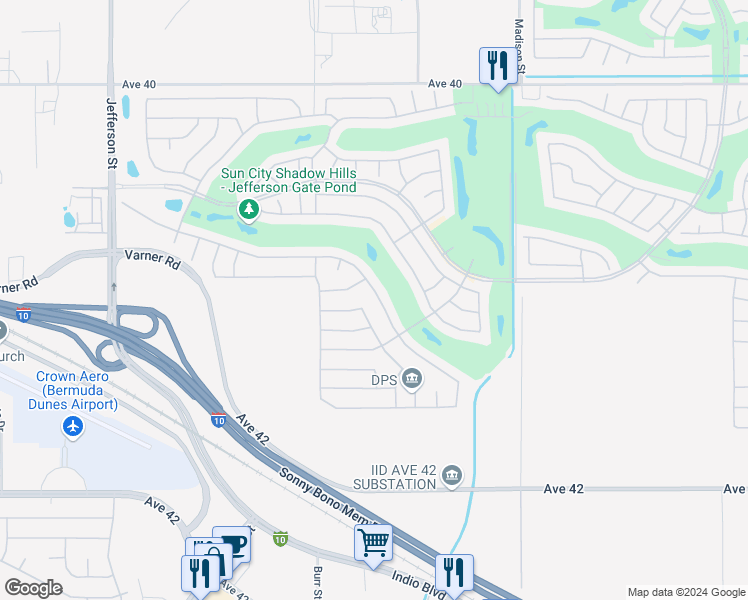 map of restaurants, bars, coffee shops, grocery stores, and more near 80635 Camino Santa Elise in Indio