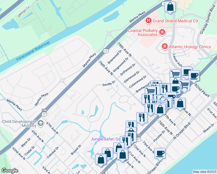map of restaurants, bars, coffee shops, grocery stores, and more near 7530 Veneto Court in Myrtle Beach