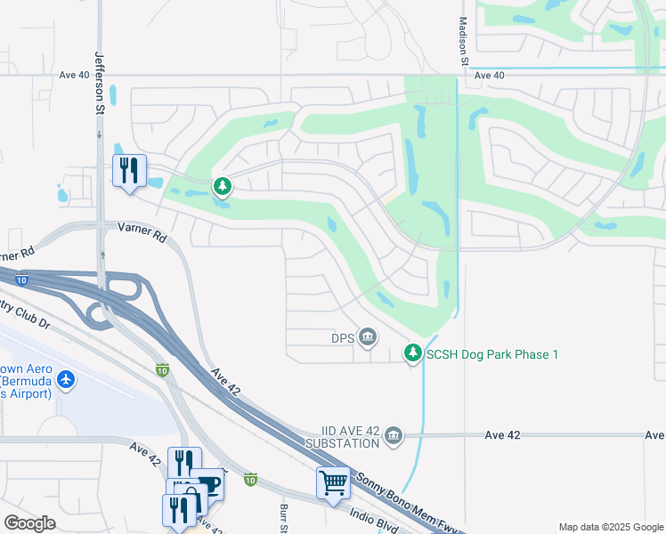 map of restaurants, bars, coffee shops, grocery stores, and more near 80671 Camino Santa Elise in Indio