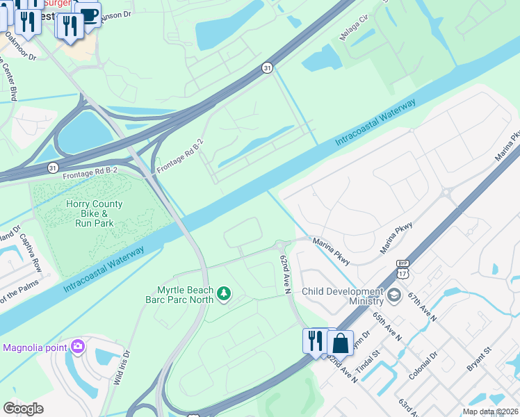 map of restaurants, bars, coffee shops, grocery stores, and more near 6201 Marina Parkway in Myrtle Beach