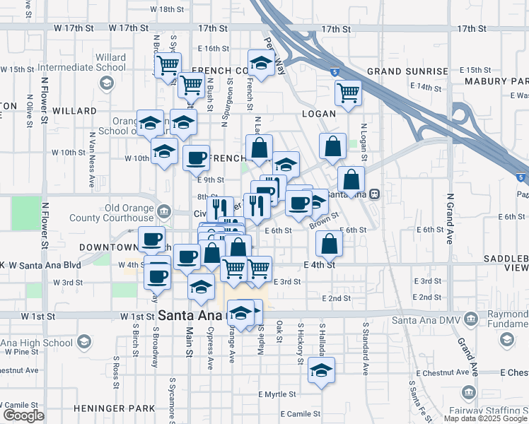 map of restaurants, bars, coffee shops, grocery stores, and more near 710 North Minter Street in Santa Ana
