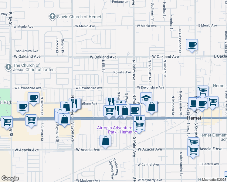 map of restaurants, bars, coffee shops, grocery stores, and more near 274 Valley View Drive in Hemet