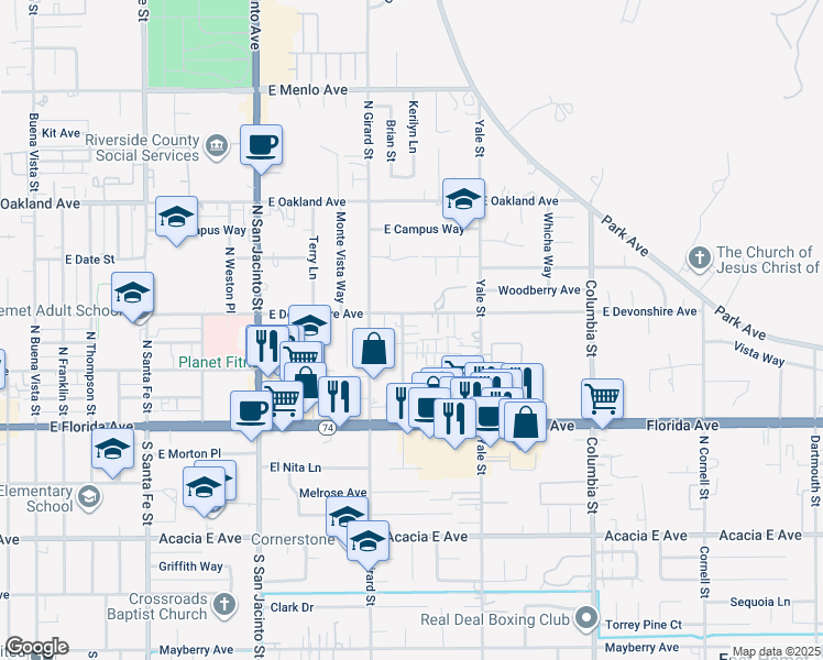 map of restaurants, bars, coffee shops, grocery stores, and more near 1890 Mayflower Place in Hemet