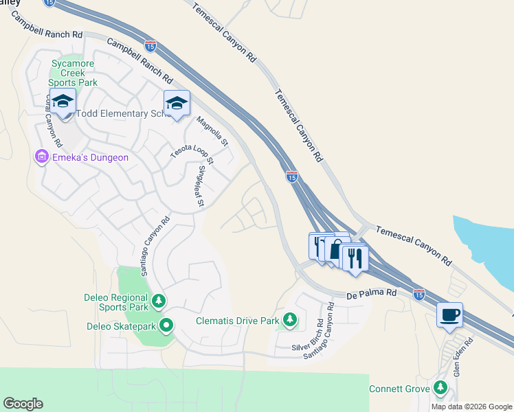 map of restaurants, bars, coffee shops, grocery stores, and more near 25461 Temescal Valley Lane in Corona