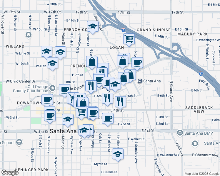 map of restaurants, bars, coffee shops, grocery stores, and more near 604 North Lacy Street in Santa Ana
