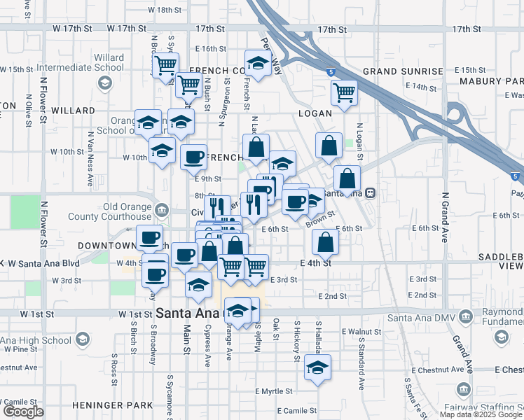 map of restaurants, bars, coffee shops, grocery stores, and more near 516 East Santa Ana Boulevard in Santa Ana