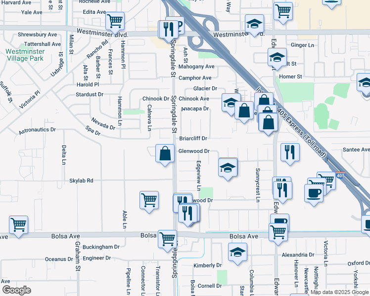 map of restaurants, bars, coffee shops, grocery stores, and more near 6081 Hardwick Circle in Huntington Beach