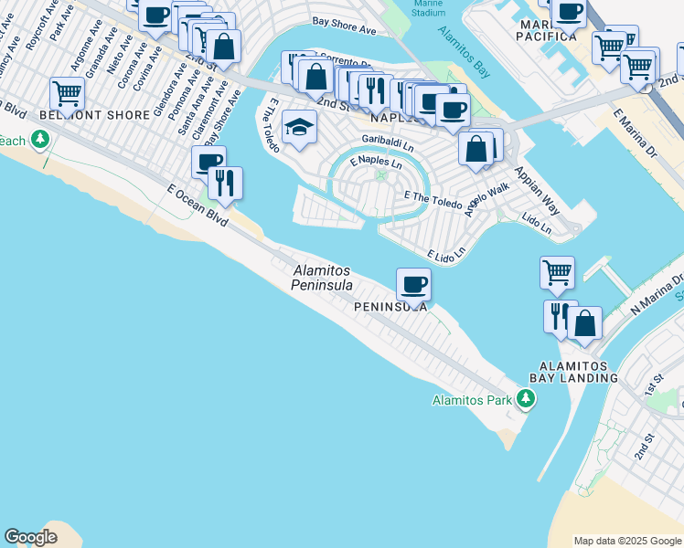 map of restaurants, bars, coffee shops, grocery stores, and more near 37 58th Place in Long Beach