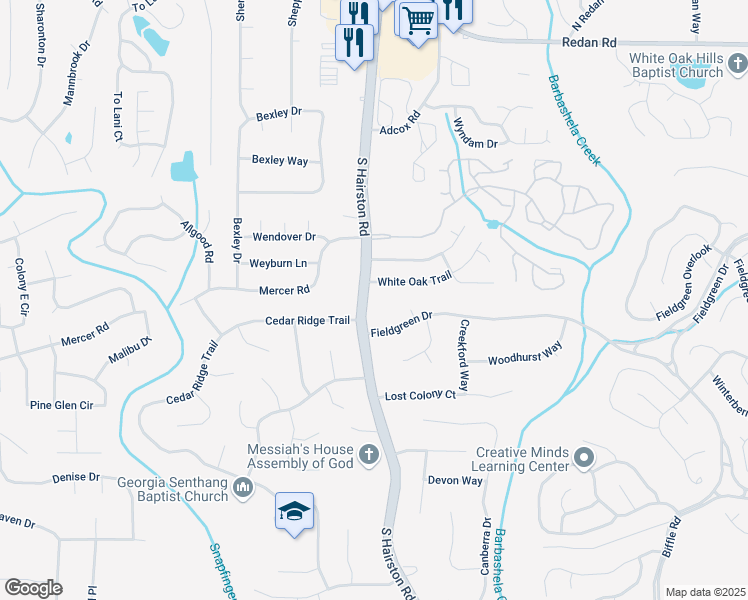 map of restaurants, bars, coffee shops, grocery stores, and more near 1496 South Hairston Road in Stone Mountain