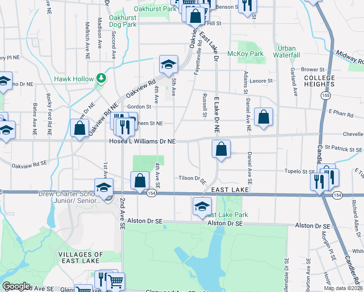 map of restaurants, bars, coffee shops, grocery stores, and more near 59 Willow Wood Circle Southeast in Atlanta