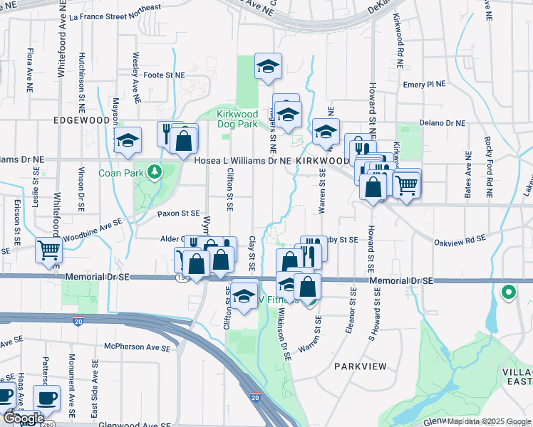 map of restaurants, bars, coffee shops, grocery stores, and more near 120 Clay Street Southeast in Atlanta