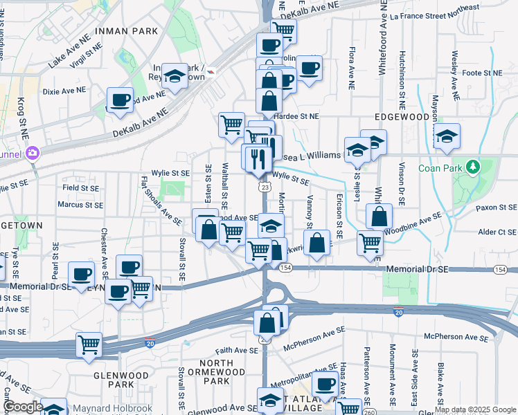 map of restaurants, bars, coffee shops, grocery stores, and more near 99 Moreland Avenue Southeast in Atlanta