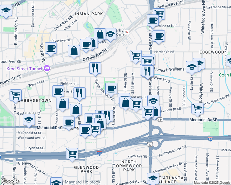 map of restaurants, bars, coffee shops, grocery stores, and more near 138 Stovall Street Southeast in Atlanta