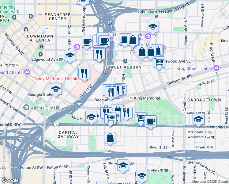 map of restaurants, bars, coffee shops, grocery stores, and more near 349 Decatur Street Southeast in Atlanta