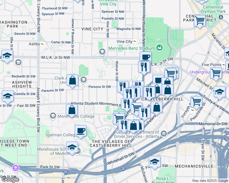 map of restaurants, bars, coffee shops, grocery stores, and more near 166 Walnut Street Southwest in Atlanta