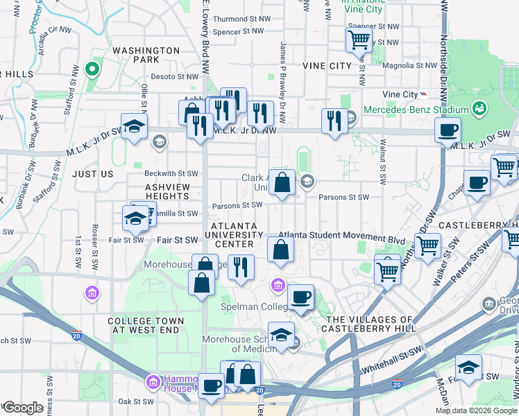 map of restaurants, bars, coffee shops, grocery stores, and more near 167 Raymond Street Southwest in Atlanta