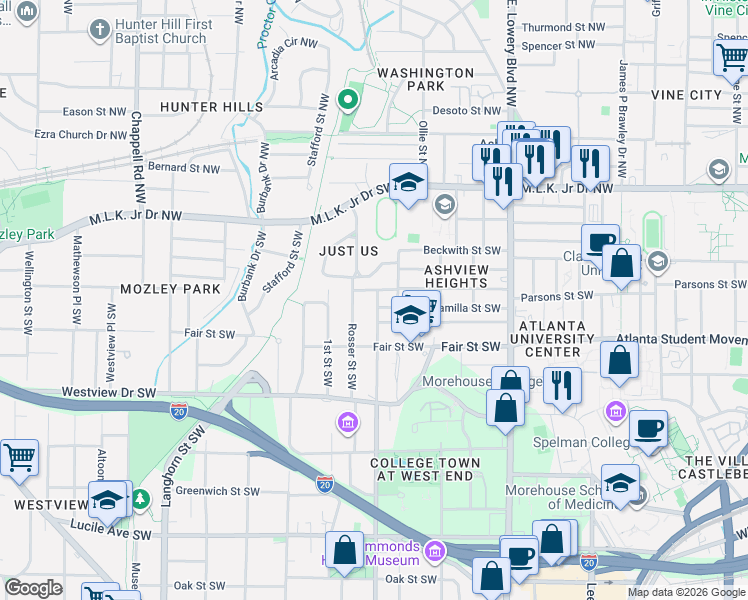 map of restaurants, bars, coffee shops, grocery stores, and more near 1077 Ashby Grove Southwest in Atlanta