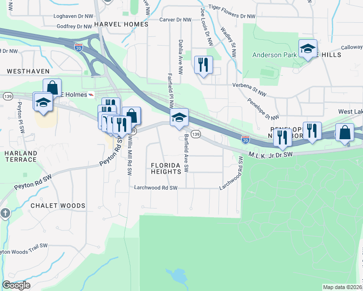 map of restaurants, bars, coffee shops, grocery stores, and more near 219 Barfield Avenue Southwest in Atlanta