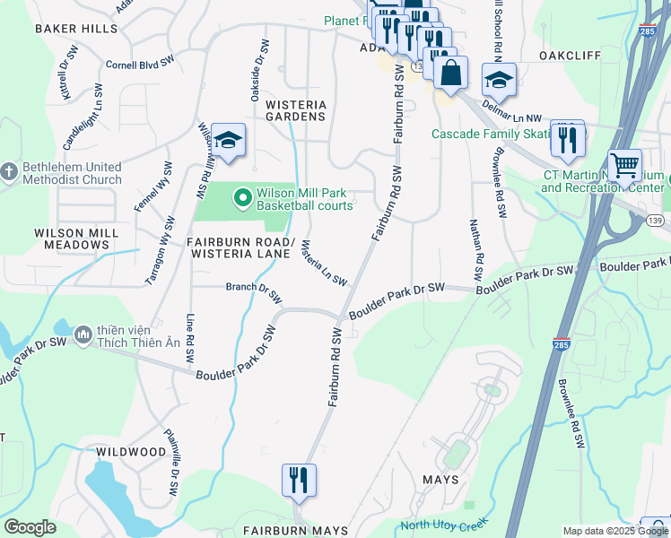 map of restaurants, bars, coffee shops, grocery stores, and more near 3697 Wisteria Lane Southwest in Atlanta