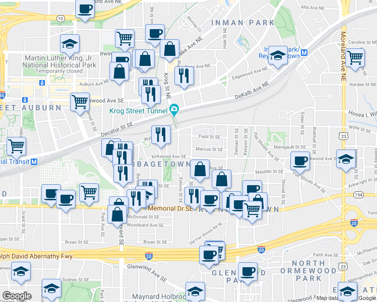map of restaurants, bars, coffee shops, grocery stores, and more near 141 Pearl Street Southeast in Atlanta