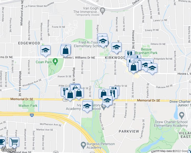 map of restaurants, bars, coffee shops, grocery stores, and more near 120 Clay Street Southeast in Atlanta