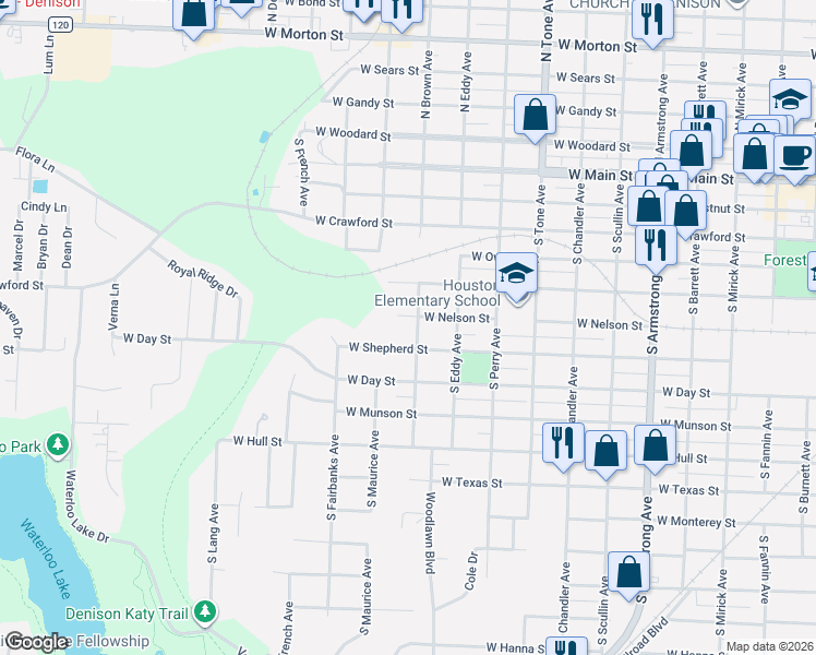 map of restaurants, bars, coffee shops, grocery stores, and more near 1412 West Shepherd Street in Denison