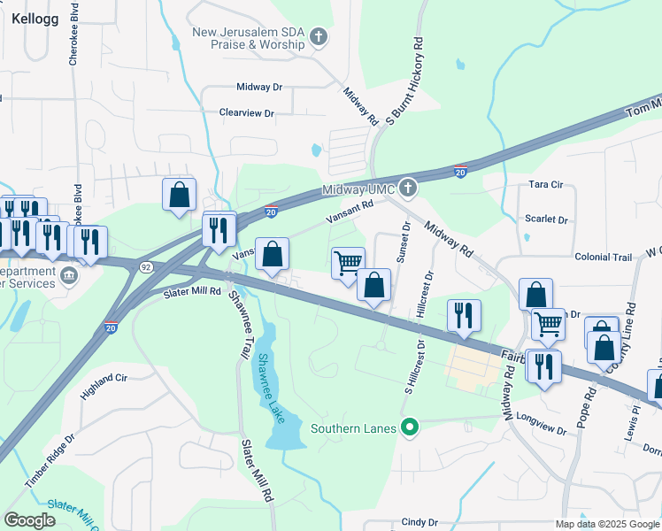map of restaurants, bars, coffee shops, grocery stores, and more near 5004 Elowen Lane in Douglasville