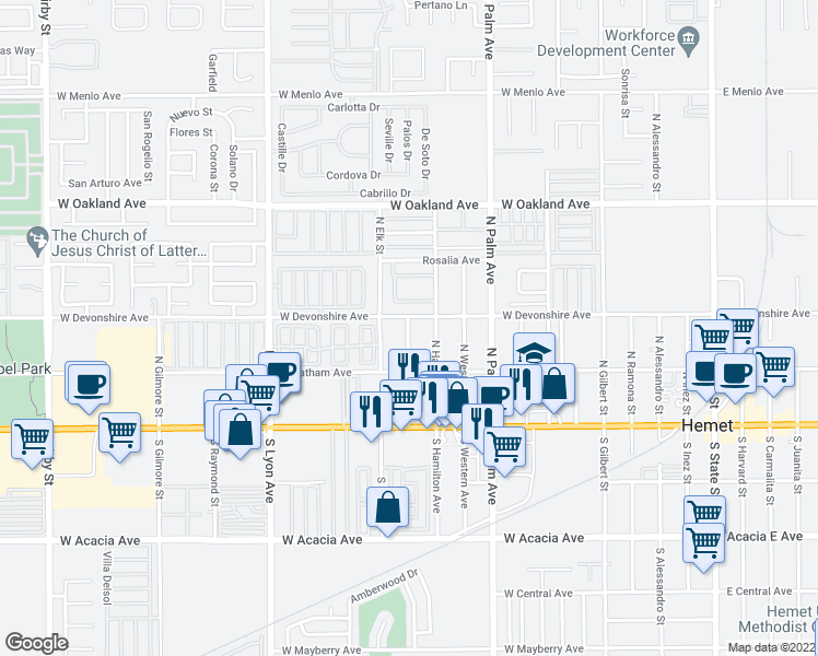 map of restaurants, bars, coffee shops, grocery stores, and more near 278 Valley View Drive in Hemet