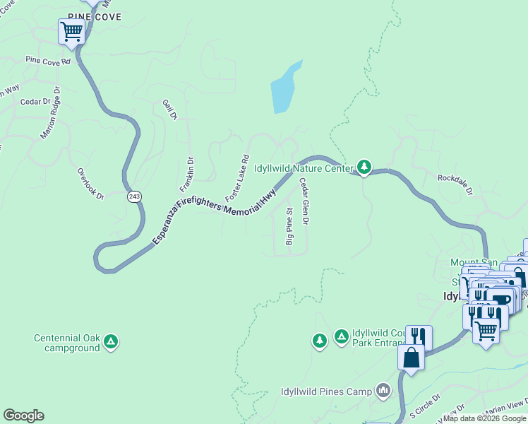 map of restaurants, bars, coffee shops, grocery stores, and more near 25622 Double Tree Drive in Idyllwild-Pine Cove
