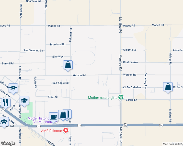 map of restaurants, bars, coffee shops, grocery stores, and more near 28735 Watson Road in Menifee