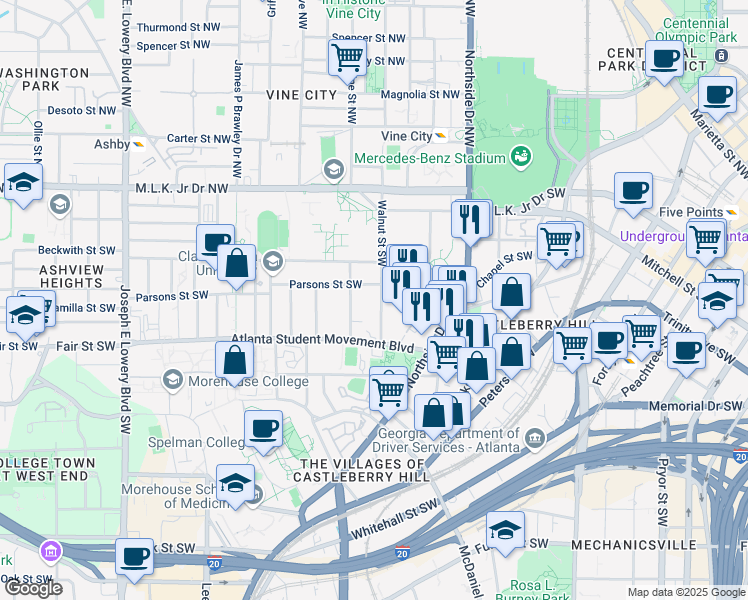 map of restaurants, bars, coffee shops, grocery stores, and more near 166 Walnut Street Southwest in Atlanta