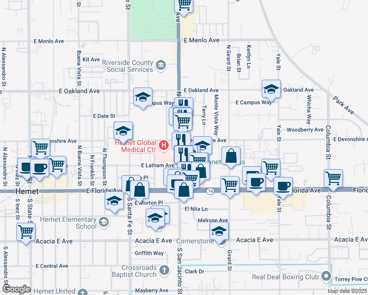 map of restaurants, bars, coffee shops, grocery stores, and more near 235 Laurel Lane in Hemet