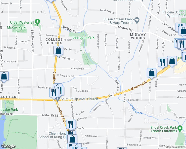 map of restaurants, bars, coffee shops, grocery stores, and more near 2554 Saint Patrick Street Southeast in Atlanta