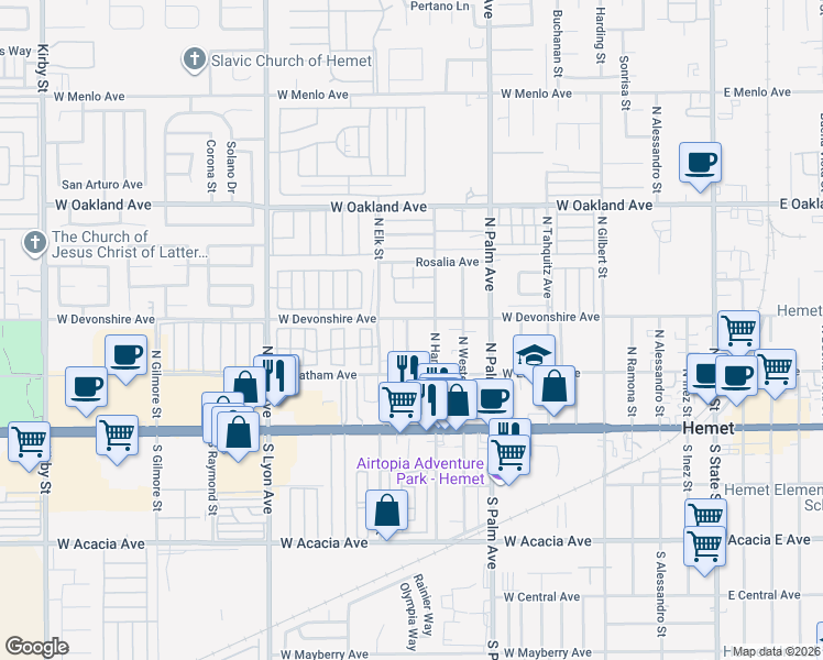 map of restaurants, bars, coffee shops, grocery stores, and more near 280 Valley View Drive in Hemet