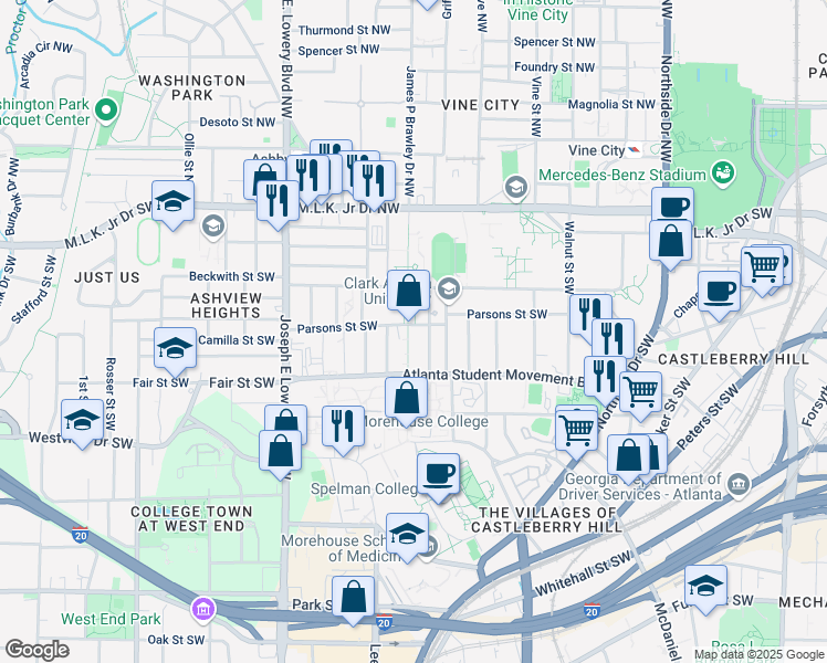 map of restaurants, bars, coffee shops, grocery stores, and more near 194 Chestnut Street Southwest in Atlanta