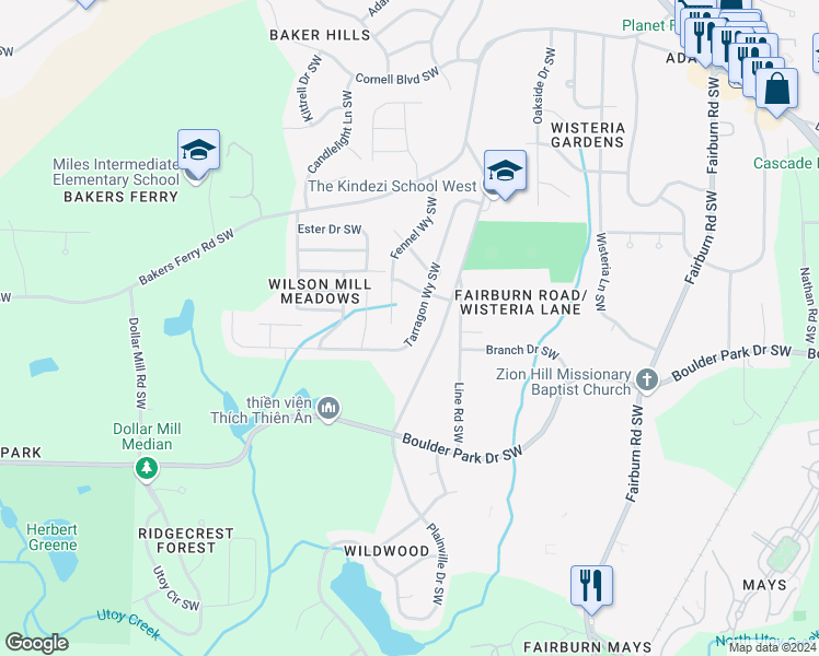 map of restaurants, bars, coffee shops, grocery stores, and more near 439 Tarragon Way Southwest in Atlanta
