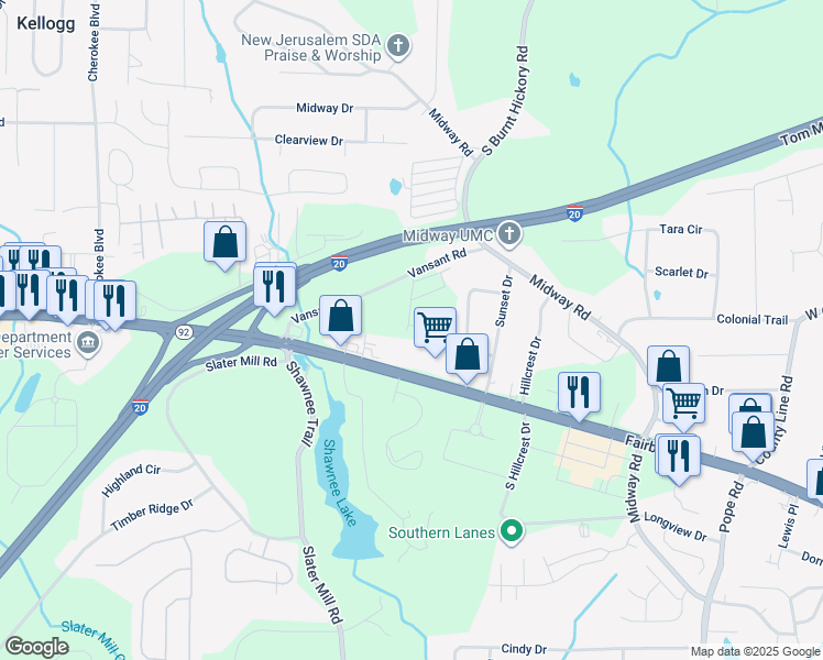 map of restaurants, bars, coffee shops, grocery stores, and more near 5002 Elowen Lane in Douglasville