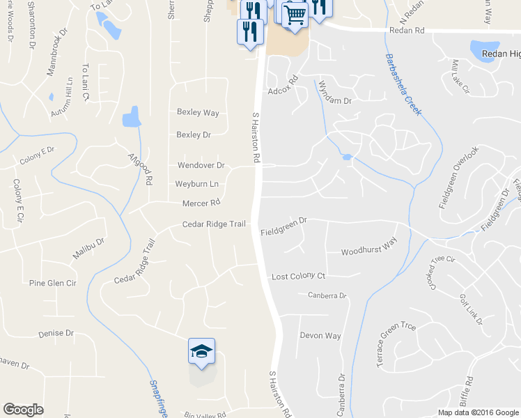 map of restaurants, bars, coffee shops, grocery stores, and more near 1496 South Hairston Road in Stone Mountain