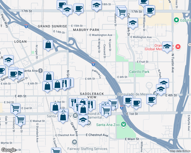 map of restaurants, bars, coffee shops, grocery stores, and more near 1611 East 6th Street in Santa Ana