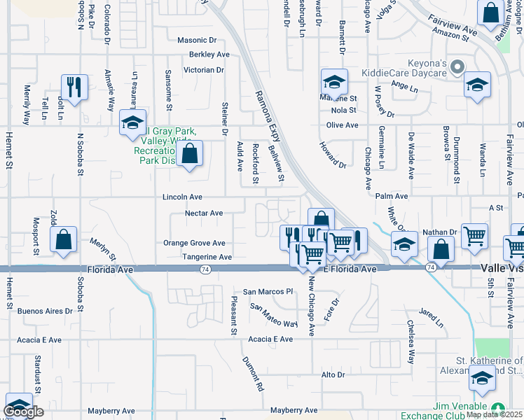 map of restaurants, bars, coffee shops, grocery stores, and more near in Hemet