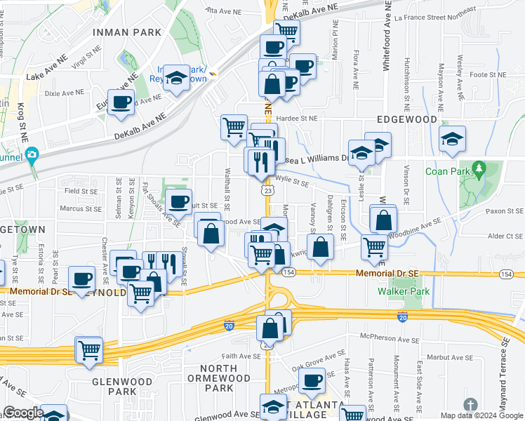 map of restaurants, bars, coffee shops, grocery stores, and more near 99 Moreland Avenue Southeast in Atlanta