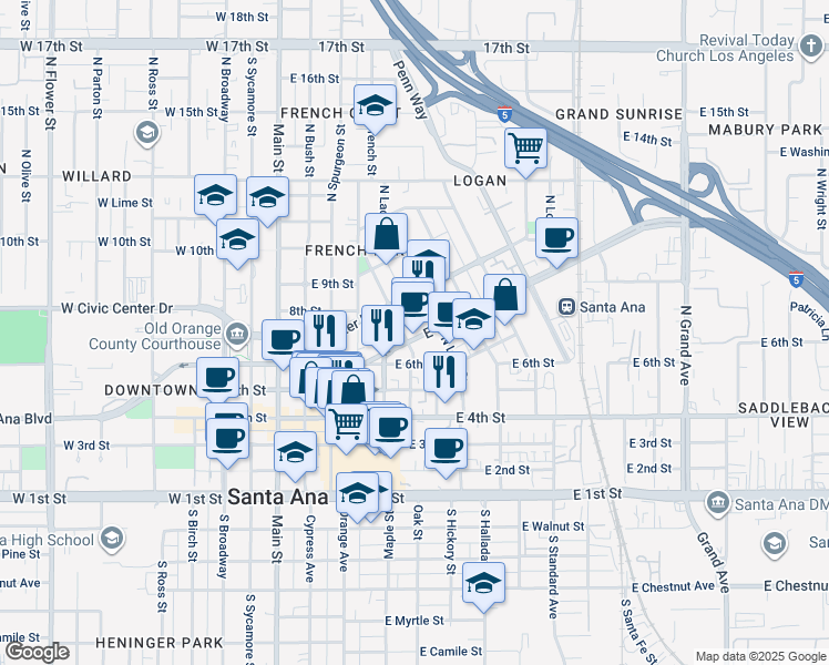 map of restaurants, bars, coffee shops, grocery stores, and more near 516 East Santa Ana Boulevard in Santa Ana