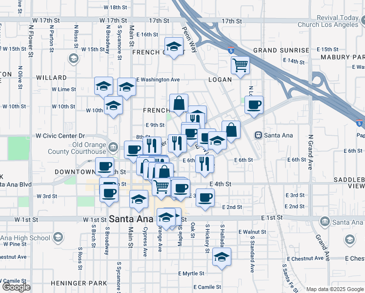 map of restaurants, bars, coffee shops, grocery stores, and more near 710 North Minter Street in Santa Ana