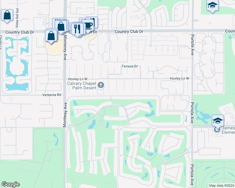 map of restaurants, bars, coffee shops, grocery stores, and more near 40532 Corte Placitas in Palm Desert