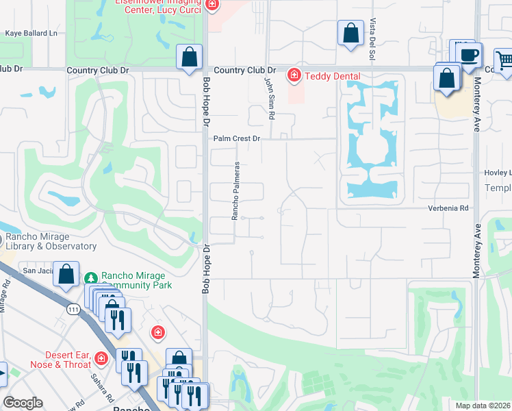 map of restaurants, bars, coffee shops, grocery stores, and more near 5 Collegate Circle in Rancho Mirage