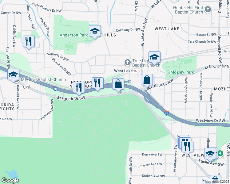 map of restaurants, bars, coffee shops, grocery stores, and more near 1981 Martin Luther King Junior Drive Southwest in Atlanta